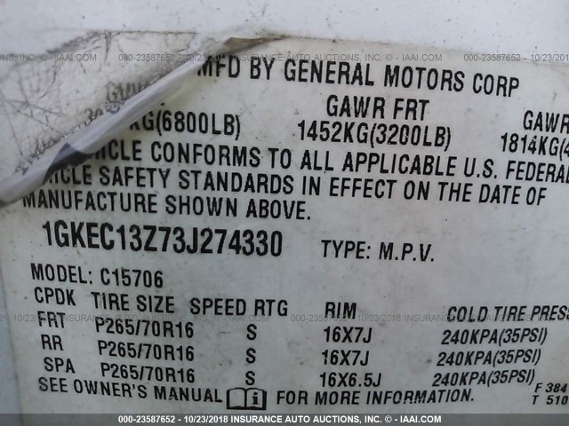 1GKEC13Z73J274330 - 2003 GMC YUKON WHITE photo 9