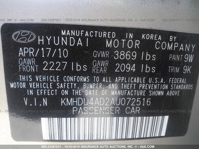 KMHDU4AD2AU072516 - 2010 HYUNDAI ELANTRA BLUE/GLS/SE BEIGE photo 9