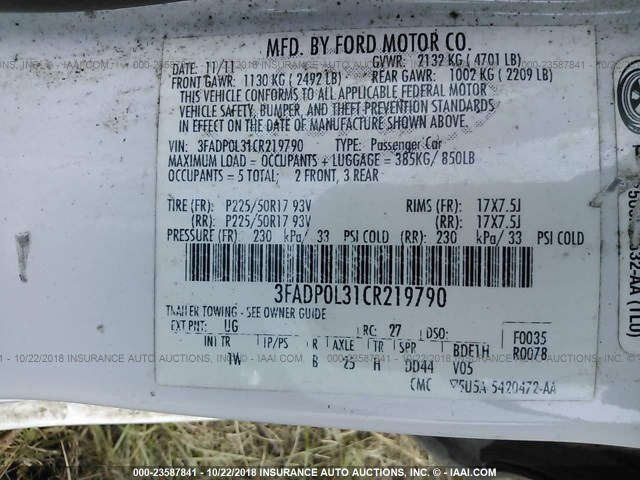 3FADP0L31CR219790 - 2012 FORD FUSION HYBRID WHITE photo 9