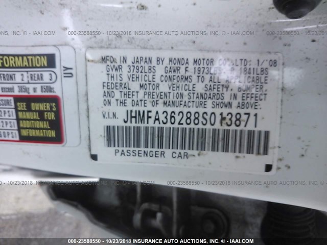 JHMFA36288S013871 - 2008 HONDA CIVIC HYBRID WHITE photo 9