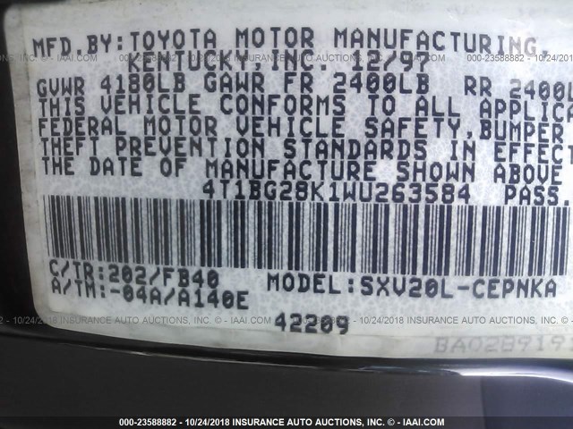 4T1BG28K1WU263584 - 1998 TOYOTA CAMRY 黑色 照片 9