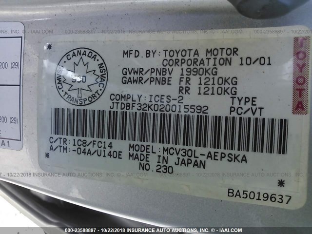 JTDBF32K020015592 - 2002 TOYOTA CAMRY LE/XLE/SE SILVER photo 9