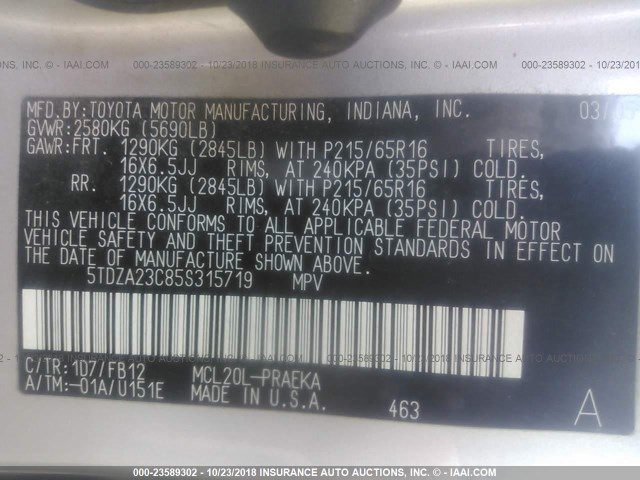 5TDZA23C85S315719 - 2005 TOYOTA SIENNA CE/LE SILVER photo 9