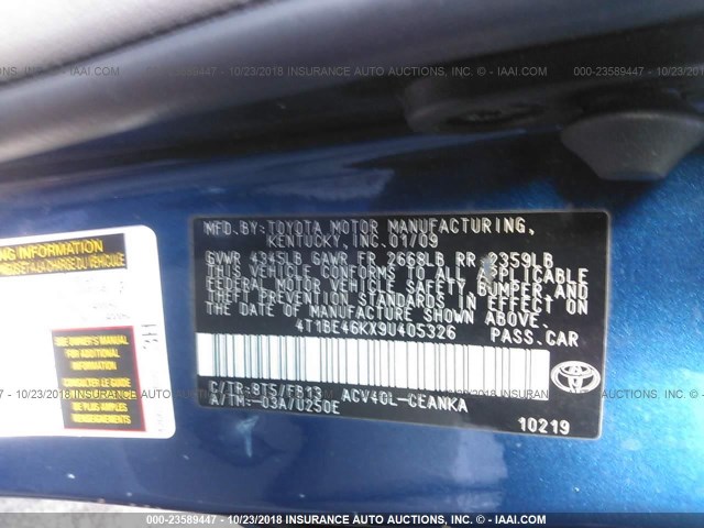 4T1BE46KX9U405326 - 2009 TOYOTA CAMRY SE/LE/XLE BLUE photo 9