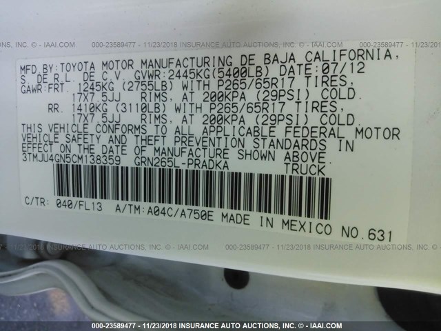 3TMJU4GN5CM138359 - 2012 TOYOTA TACOMA DOUBLE CAB PRERUNNER WHITE photo 9