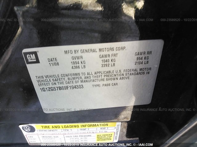 1G1ZG57B69F194303 - 2009 CHEVROLET MALIBU LS შავი ფოტო 9