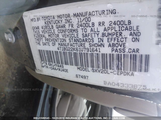 4T1BG22K61U791641 - 2001 TOYOTA CAMRY CE/LE/XLE 绿色 照片 9