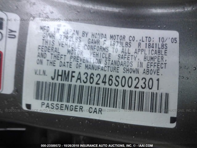 JHMFA36246S002301 - 2006 HONDA CIVIC HYBRID GRAY photo 9