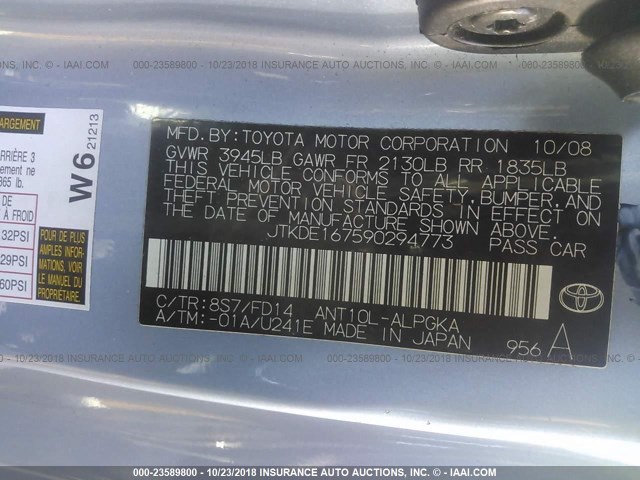 JTKDE167590294773 - 2009 TOYOTA SCION TC BLUE photo 9