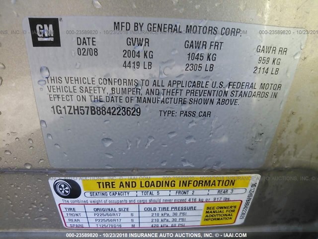 1G1ZH57B884223629 - 2008 CHEVROLET MALIBU 1LT GOLD photo 9