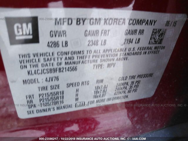 KL4CJCSB9FB214566 - 2015 BUICK ENCORE RED photo 9