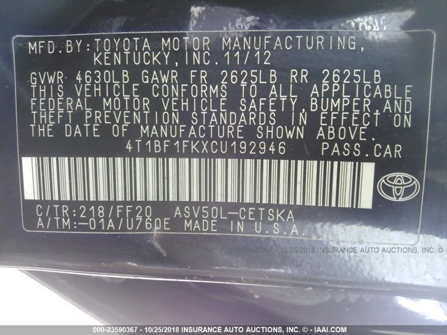 4T1BF1FKXCU192946 - 2012 TOYOTA CAMRY SE/LE/XLE BLACK photo 9