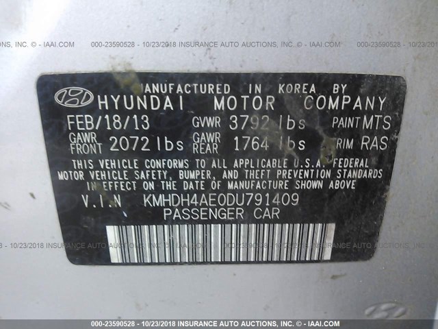 KMHDH4AE0DU791409 - 2013 HYUNDAI ELANTRA GLS/LIMITED ვერცხლისფერი ფოტო 9