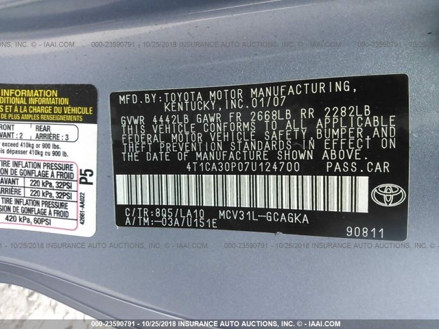 4T1CA30P07U124700 - 2007 TOYOTA CAMRY SOLARA SE/SLE 蓝色 照片 9