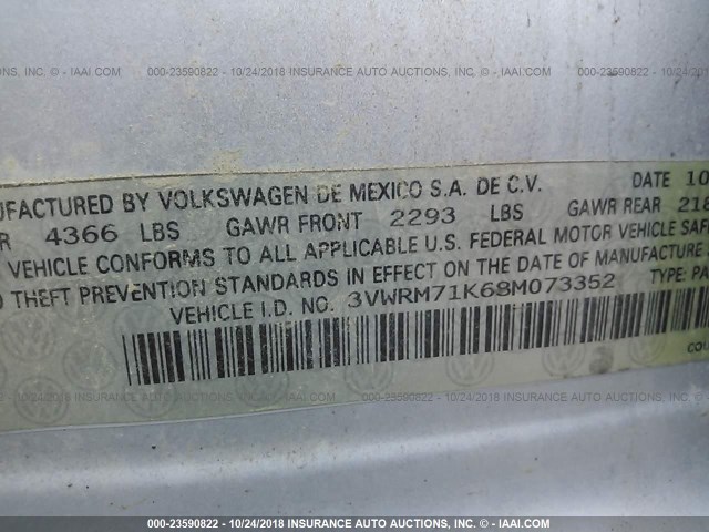 3VWRM71K68M073352 - 2008 VOLKSWAGEN JETTA SE/SEL SILVER photo 9