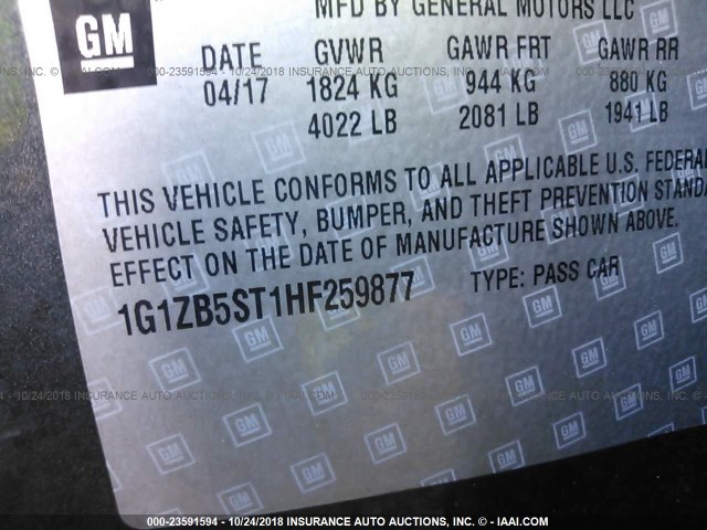 1G1ZB5ST1HF259877 - 2017 CHEVROLET MALIBU LS 灰色 照片 9