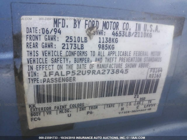 1FALP52U9RA273845 - 1994 FORD TAURUS GL BLUE photo 9