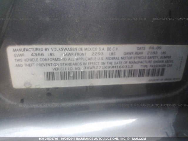 3VWRZ71K99M160312 - 2009 VOLKSWAGEN JETTA SE/SEL GRAY photo 9