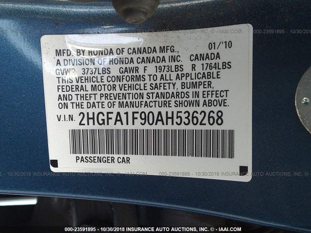 2HGFA1F90AH536268 - 2010 HONDA CIVIC EXL BLUE photo 9