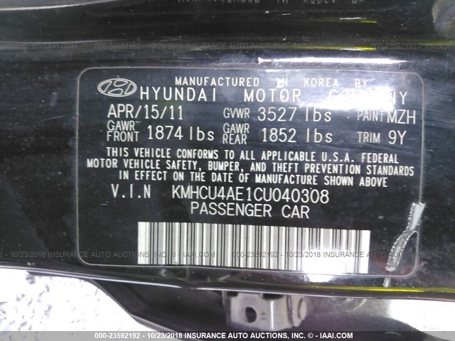 KMHCU4AE1CU040308 - 2012 HYUNDAI ACCENT GLS/GS/SE BLACK photo 9