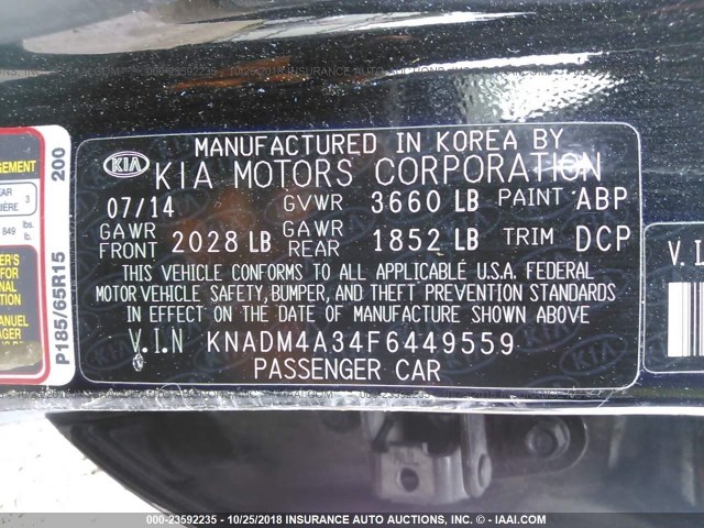 KNADM4A34F6449559 - 2015 KIA RIO LX BLACK photo 9