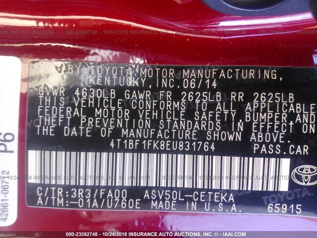 4T1BF1FK8EU831764 - 2014 TOYOTA CAMRY L/SE/LE/XLE 红色 照片 9