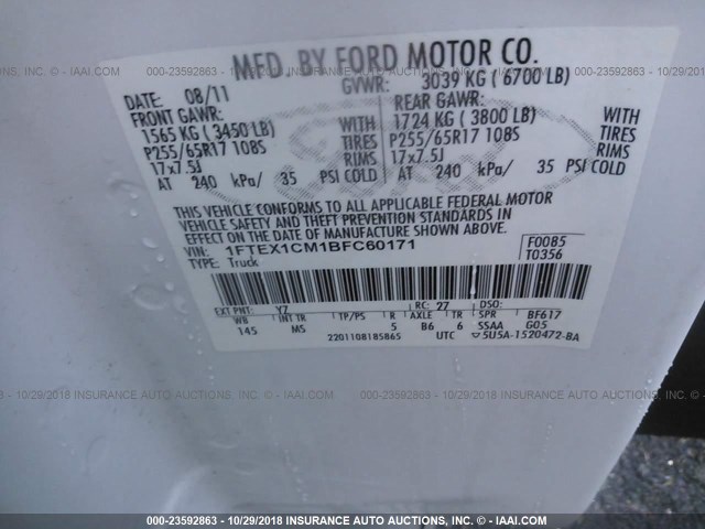 1FTEX1CM1BFC60171 - 2011 FORD F150 SUPER CAB WHITE photo 9