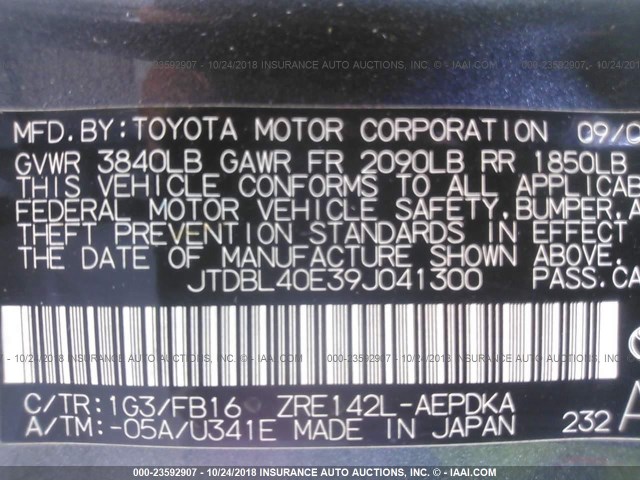 JTDBL40E39J041300 - 2009 TOYOTA COROLLA LE/XLE BLACK photo 9