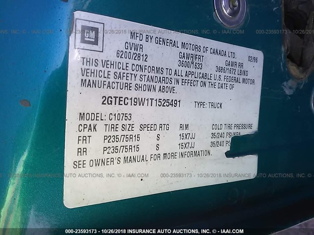 2GTEC19W1T1525491 - 1996 GMC SIERRA C1500 GREEN photo 9