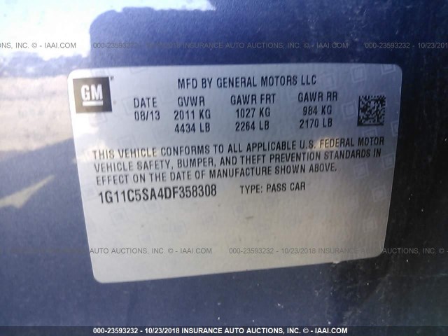 1G11C5SA4DF358308 - 2013 CHEVROLET MALIBU 1LT BLUE photo 9