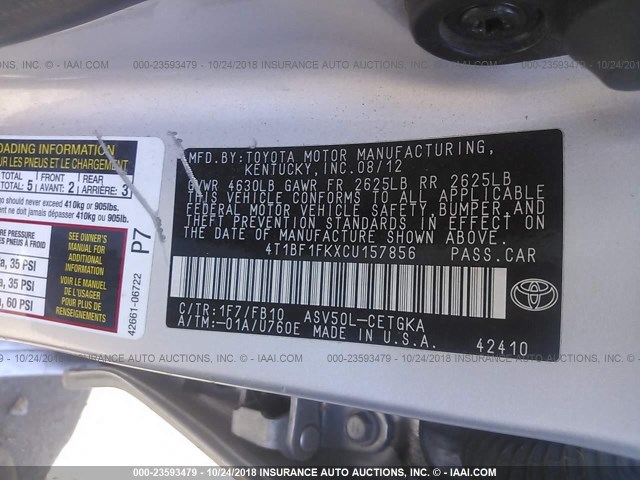 4T1BF1FKXCU157856 - 2012 TOYOTA CAMRY SE/LE/XLE SILVER photo 9