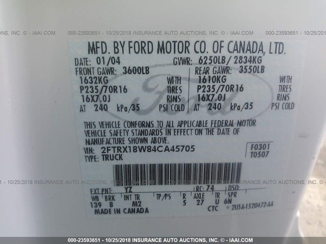 2FTRX18W84CA45705 - 2004 FORD F-150 HERITAGE CLASSIC WHITE photo 9