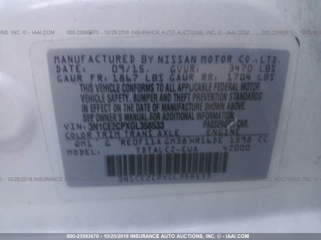 3N1CE2CPXGL358533 - 2016 NISSAN VERSA NOTE S/S PLUS/SV/SL/SR WHITE photo 9