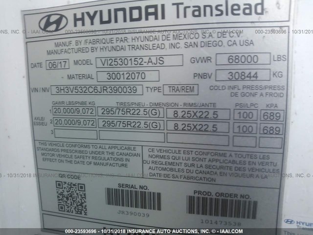 3H3V532C6JR390039 - 2018 HYUNDAI STEEL INDUSTRIES VAN  Weiß Foto 9