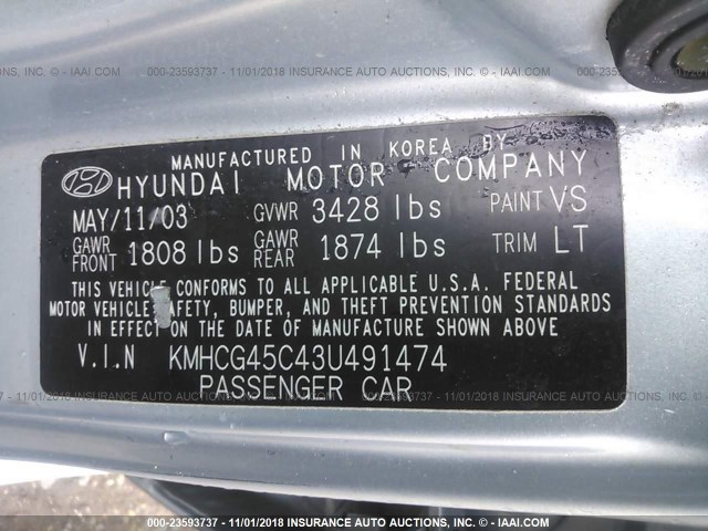 KMHCG45C43U491474 - 2003 HYUNDAI ACCENT GL Light Blue photo 9