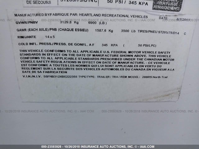 5SFNB312XBE222355 - 2011 HEARTLAND NORTHTRAIL  Невідомий фото 9