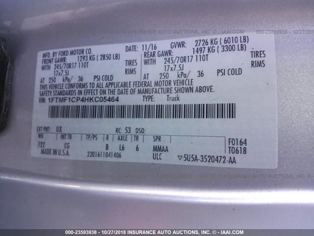 1FTMF1CP4HKC05464 - 2017 FORD F150 SILVER photo 9