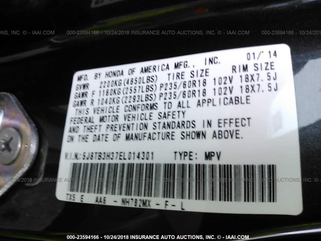 5J8TB3H37EL014301 - 2014 ACURA RDX GRAY photo 9