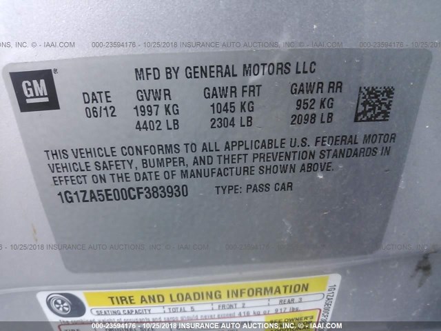 1G1ZA5E00CF383930 - 2012 CHEVROLET MALIBU LS 银色 照片 9