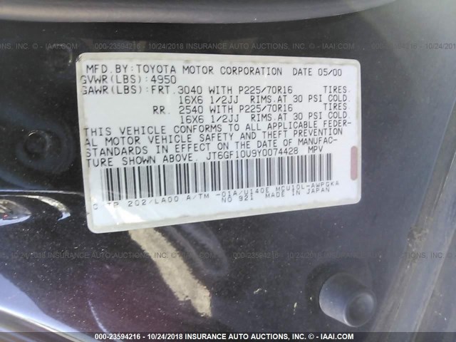 JT6GF10U9Y0074428 - 2000 LEXUS RX 300 BLACK photo 9