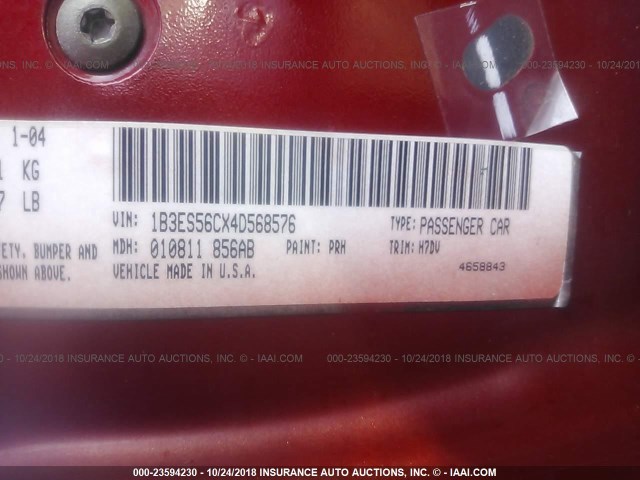 1B3ES56CX4D568576 - 2004 DODGE NEON SXT MAROON photo 9