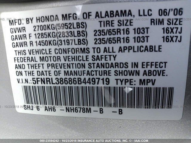 5FNRL38686B449719 - 2006 HONDA ODYSSEY EXL SILVER photo 9