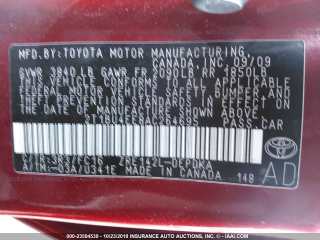 2T1BU4EE8AC264695 - 2010 TOYOTA COROLLA S/LE/XLE RED photo 9