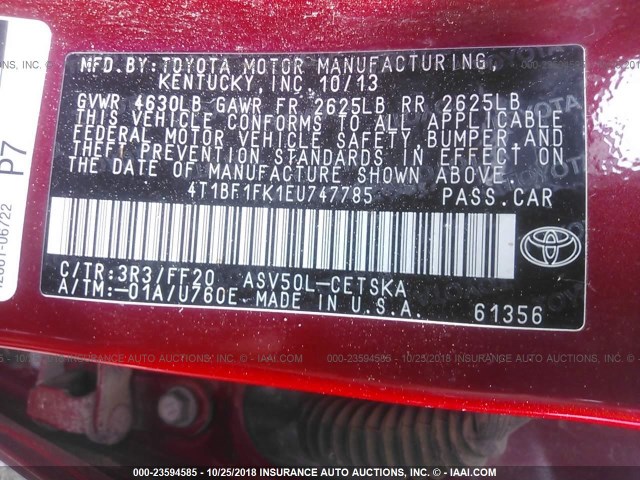 4T1BF1FK1EU747785 - 2014 TOYOTA CAMRY L/SE/LE/XLE Qırmızı foto 9