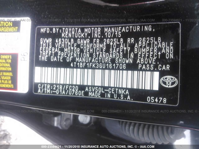 4T1BF1FK3GU161706 - 2016 TOYOTA CAMRY LE/XLE/SE/XSE BLACK photo 9