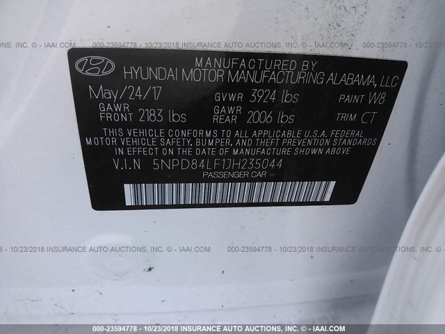 5NPD84LF1JH235044 - 2018 HYUNDAI ELANTRA SEL/VALUE/LIMITED WHITE photo 9