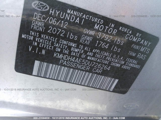 KMHDH4AE5DU726264 - 2013 HYUNDAI ELANTRA GLS/LIMITED SILVER photo 9