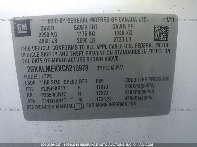 2GKALMEKXC6215978 - 2012 GMC TERRAIN SLE WHITE photo 9