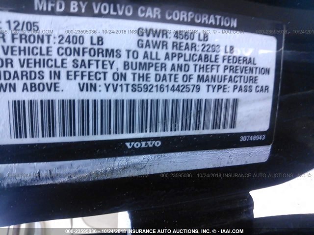 YV1TS592161442579 - 2006 VOLVO S80 2.5T BLACK photo 9