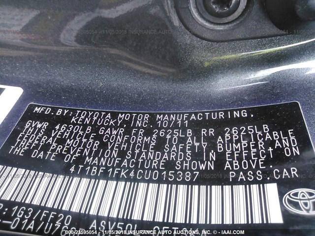 4T1BF1FK4CU015387 - 2012 TOYOTA CAMRY SE/LE/XLE GRAY photo 9